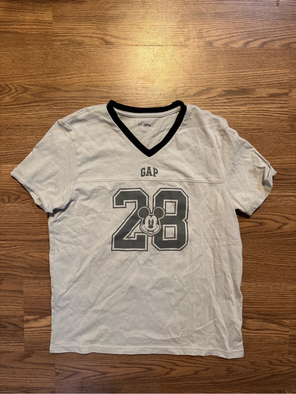 GAP Light Gray V-Neck Tee with Black Trim and Mickey Graphic